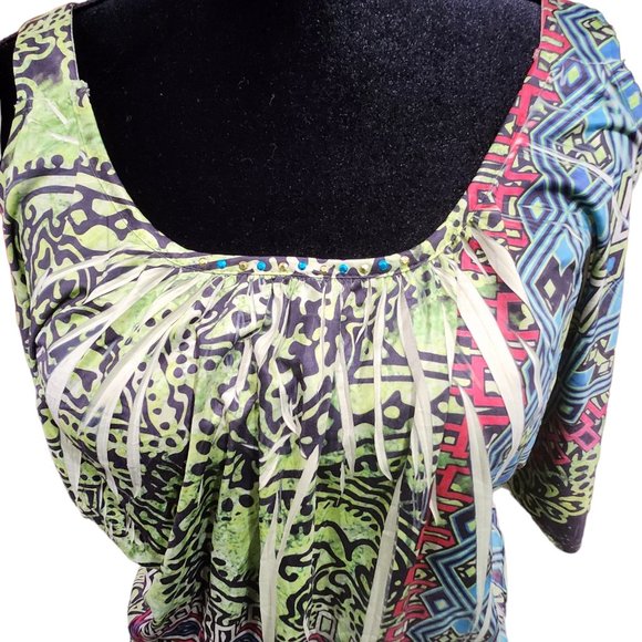 ❤️2/$18 Unity World Wear Petite Tie Dye Floral Boho Green Shirt Top Blouse M - Picture 4 of 8